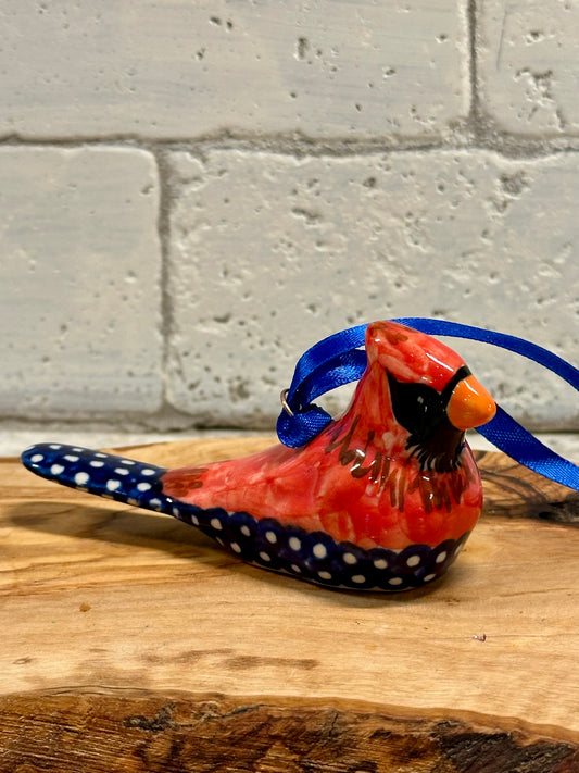 Kalich, Cardinal, Blue Tail with White Polka Dots, Bird Ornament