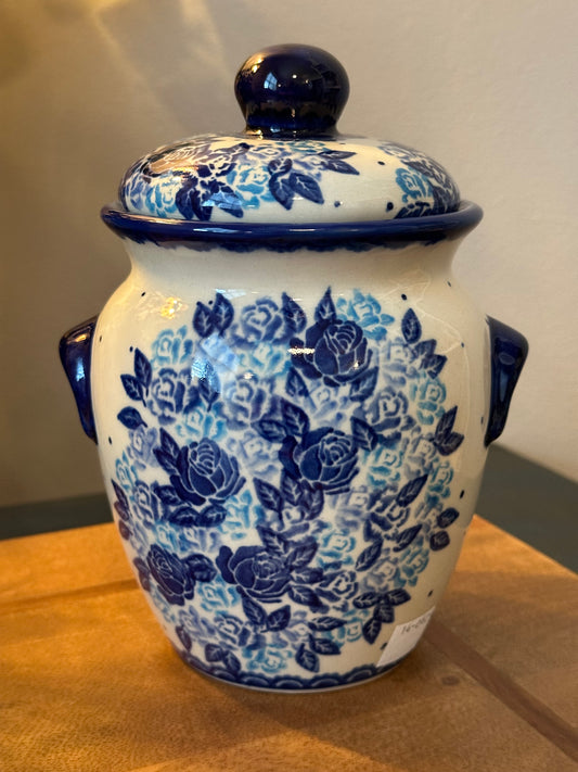 Kalich Polish Pottery, Art Level, Unikat Blue Rose Covered Container