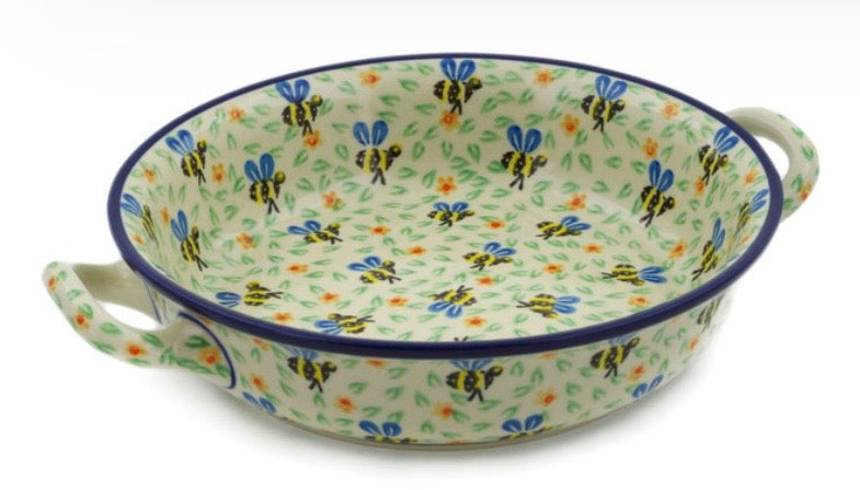 Ceramika Artystyczna, Honey Bee, Medium Round Baker with Handles