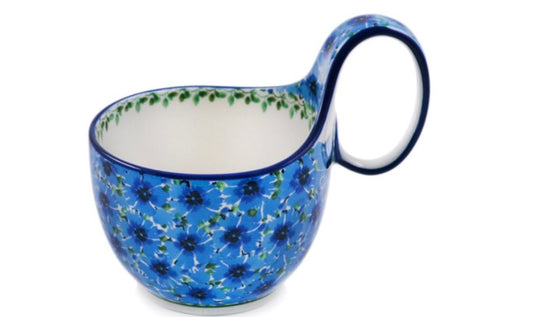Ceramika Artystyczna Polish Pottery, Unikat Blue Bachelor Buttons, Loop Soup Mug/Bowl