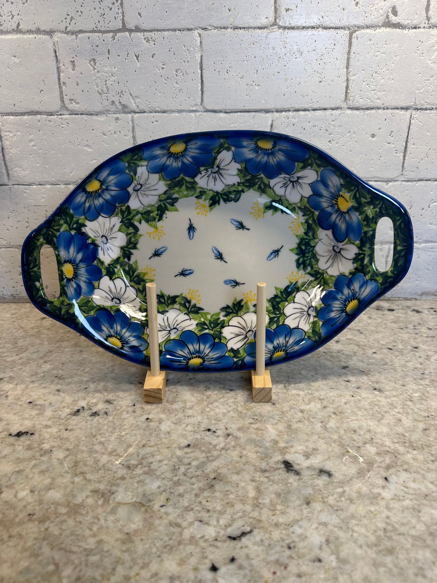 Kalich, Art Level, Blue/White/Yellow Floral, Bread Platter/Bowl with Handles