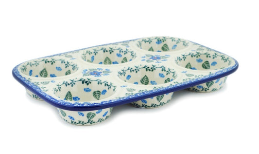 Ceramika Artystyczna Polish Pottery, Blue Blossom, Muffin Pan