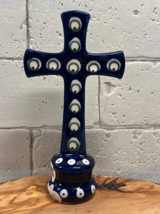 Zaklady Polish Pottery, 7" x 4" Standing Cross, Pattern: Private Eyes