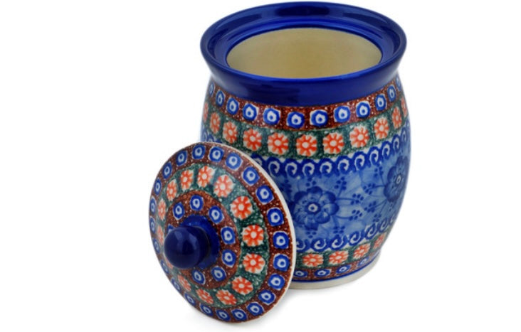Ceramika Artystyczna Polish Pottery, Unikat Dancing Blue Poppies Jar with Lid