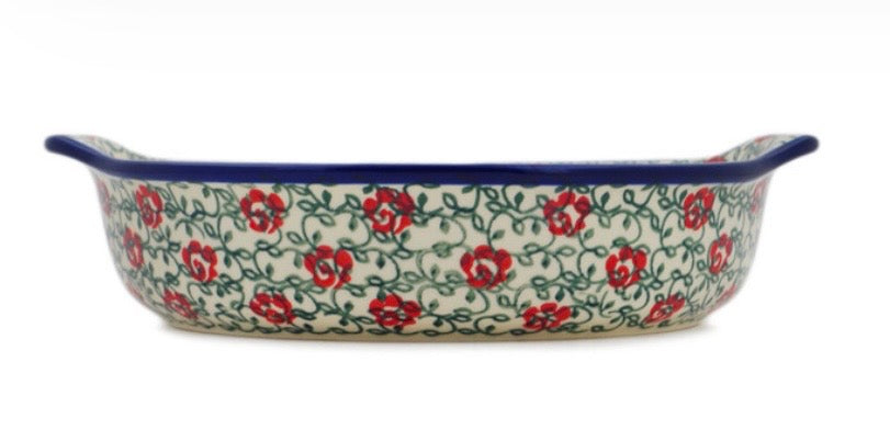 Ceramika Artystyczna,  Unikat 539,  Rose Vines, Round Baker with Handles 10.25"