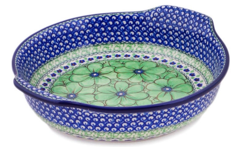 Ceramika Artystyczna, U408A, Green Pansies, Large Round Baker with Handles