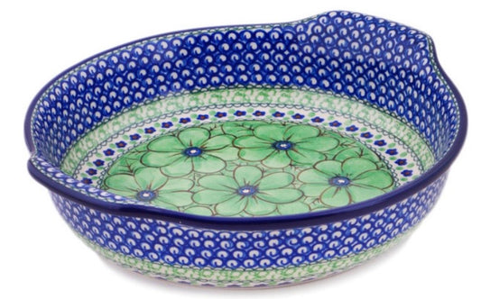 Ceramika Artystyczna, U408A, Green Pansies, Large Round Baker with Handles