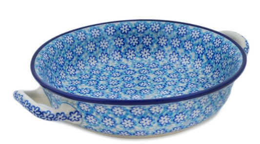 Ceramika Artystyczna, Azul Field, Medium Round Baker with Handles