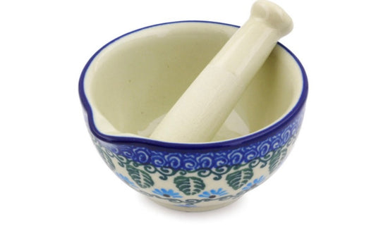 Ceramika Artystyczna Polish Pottery, Unikat Forget Me Not, Small Mortar and Pestle
