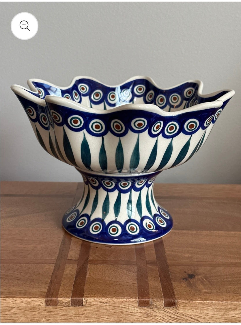 Manufaktura Polish Pottery, Traditional, Wavy Pedestal Bowl with Tree