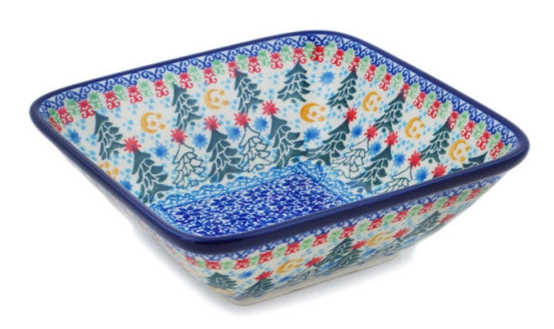 Ceramika Artystyczna Polish Pottery, Unikat U4, Glowing Christmas Trees, Square Bowl