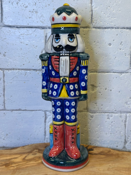 Vena Polish Pottery, Blue Suit with Colorful Presents Nutcracker 9.5"