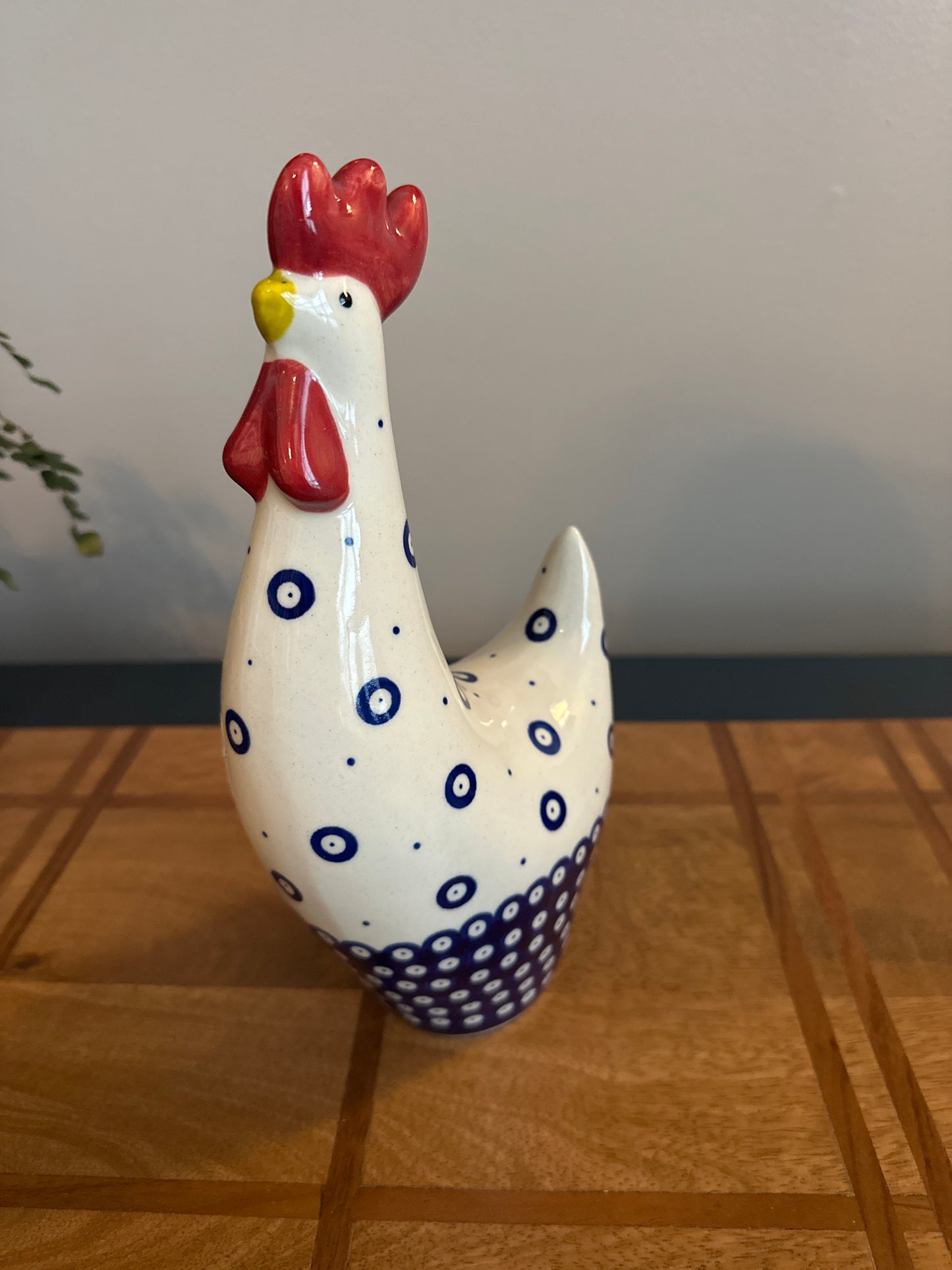 Amfora Polish Pottery, 10" Rooster Figurine Pattern: Owl Eye