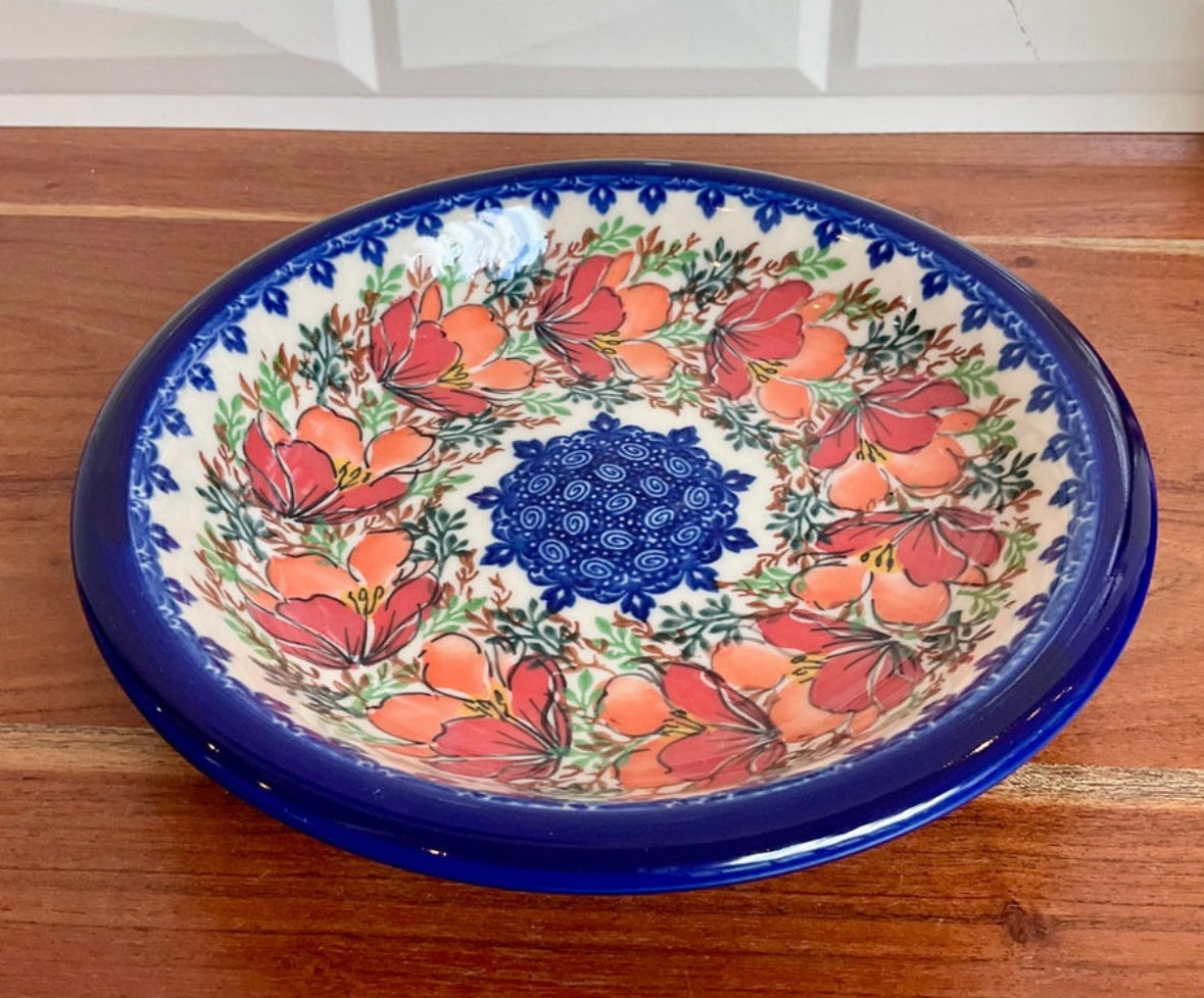Kalich Polish Pottery, Red and Orange Flower Serving/Pasta Bowl