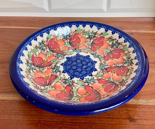 Kalich Polish Pottery, Red and Orange Flower Serving/Pasta Bowl