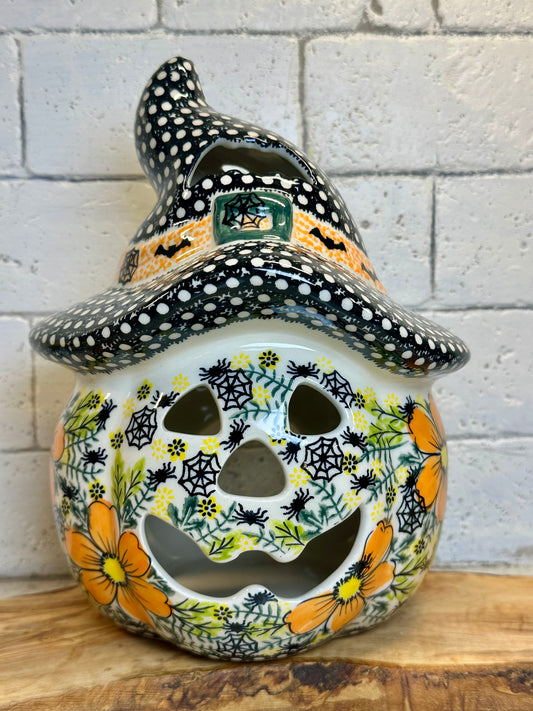 Vena, Floppy Scarecrow Hat, Spiders and Orange Flowers, Pumpkin Luminary 10"