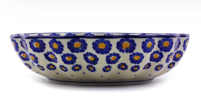 Ceramika Artystyczna, Blue Zinnia, Fluted Bowl. 9.25"