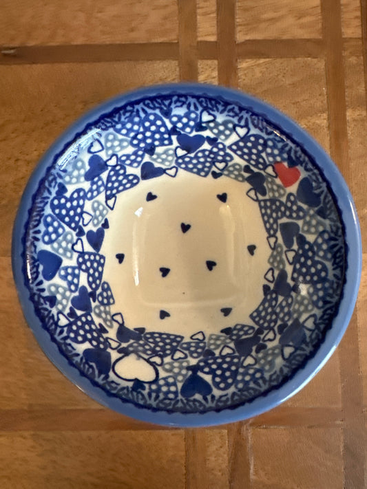 Galia Polish Pottery Blue Hearts Medium Pedestal Bowl