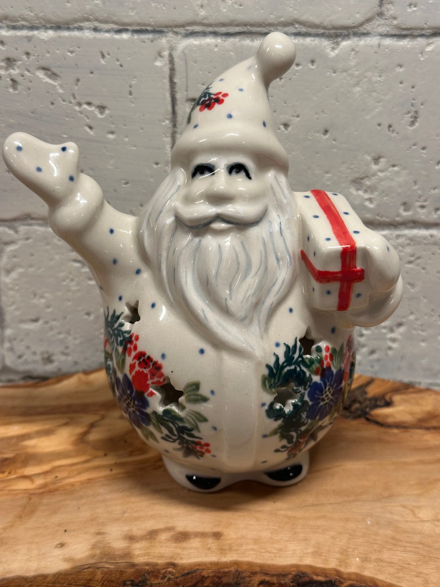 Ceramika Artystyczna Polish Pottery, Floral Waving Santa Luminary