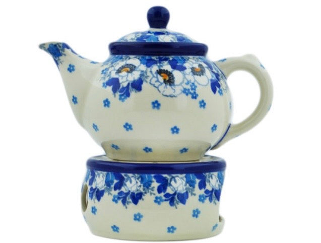 Ceramika Artystyczna, Blue Spring, Tea or Coffee Pot with Heater 15 oz.