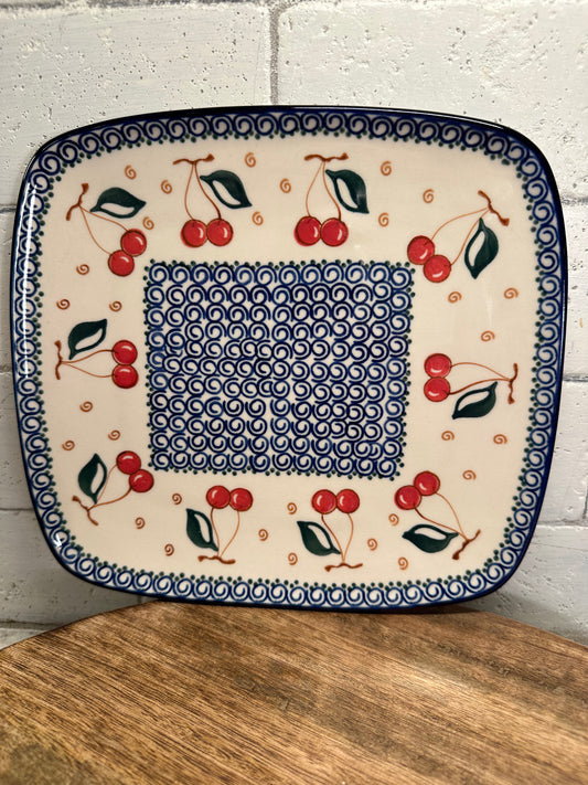 Millena Polish Pottery, Retro Cherry, Square Dinner Plate