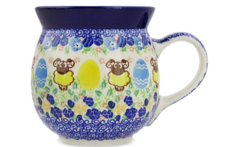 Ceramika Artystyczna, U5203, Yellow Sheep/Blue and Yellow Eggs, Large Bubble Mug