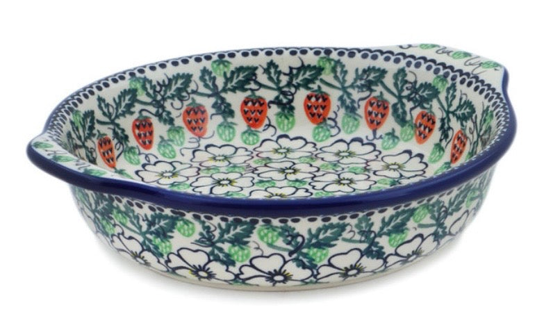 Ceramika Artystyczna, Strawberries & Cream, Medium Round Baker with Handles 9"