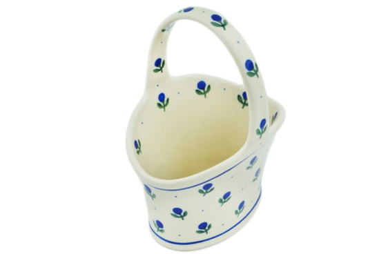 Ceramika Artystyczna, Blue Buds, Basket with Handle 7"