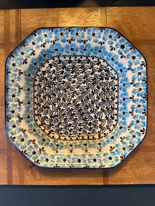 Ceramika Bona Unikat, Unikat, Light Blue Flowers with Black Vines, Lifted Pasta Plate/Bowl