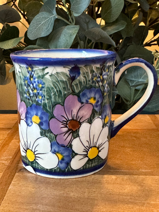 Kalich Polish Pottery, Art Level 2, Purple & White Flower, 8 oz., Straight Mug