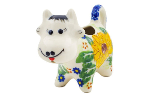 Ceramika Bona Polish Pottery, Unikat Yellow Petal Bliss, Cow Shaped Creamer 2 oz