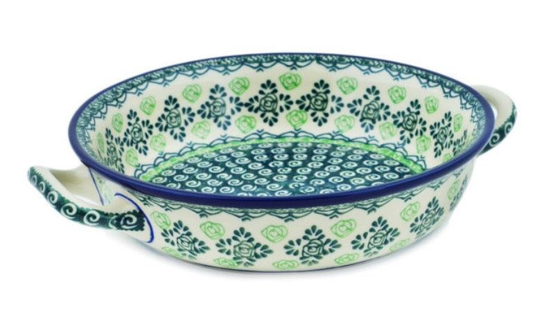 Ceramika Artystyczna, Green Roses, Medium Round Baker with Handles