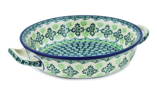 Ceramika Artystyczna, Green Roses, Medium Round Baker with Handles