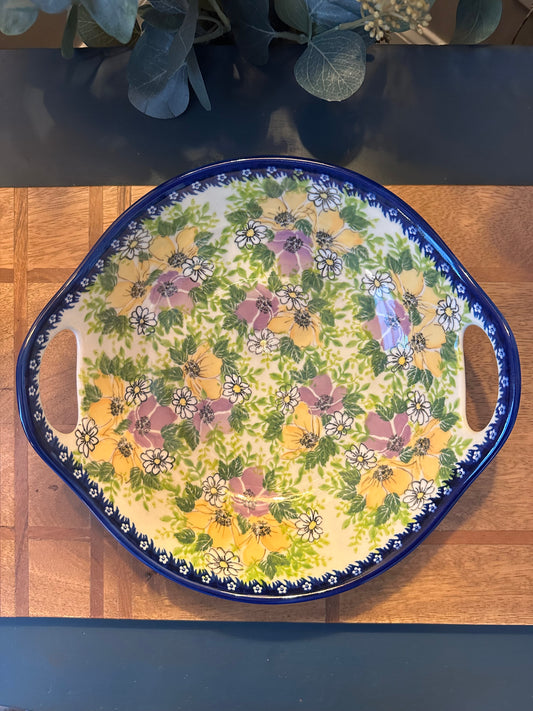 Kalich Polish Pottery, Signature Unikat, Art Level 2, Purple & Yellow Flower Round Baker/Bowl with Handles