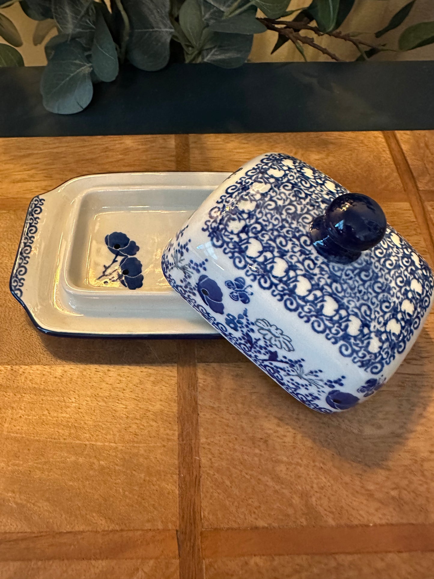 Ceramika Artystyczna Polish Pottery, Blue Poppy with Butterflies Mini Butter Dish