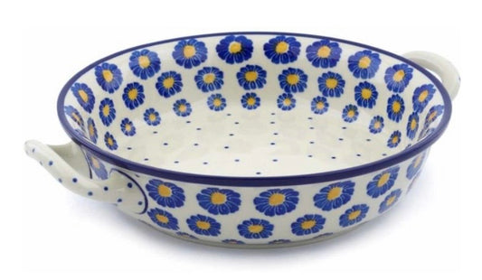 Ceramika Artystyczna, Blue Zinnia, Medium Round Baker with Handles