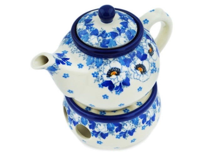 Ceramika Artystyczna, Blue Spring, Tea or Coffee Pot with Heater 15 oz.