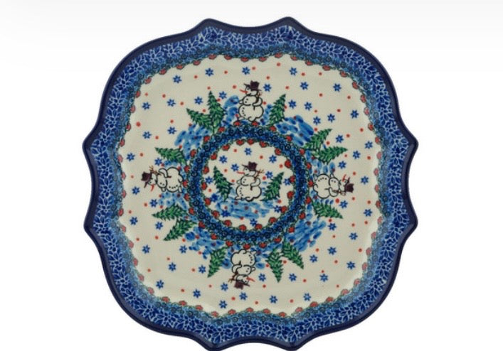 Ceramika Artystyczna Polish Pottery, Unikat Dancing Snowman, 8 Point Plate