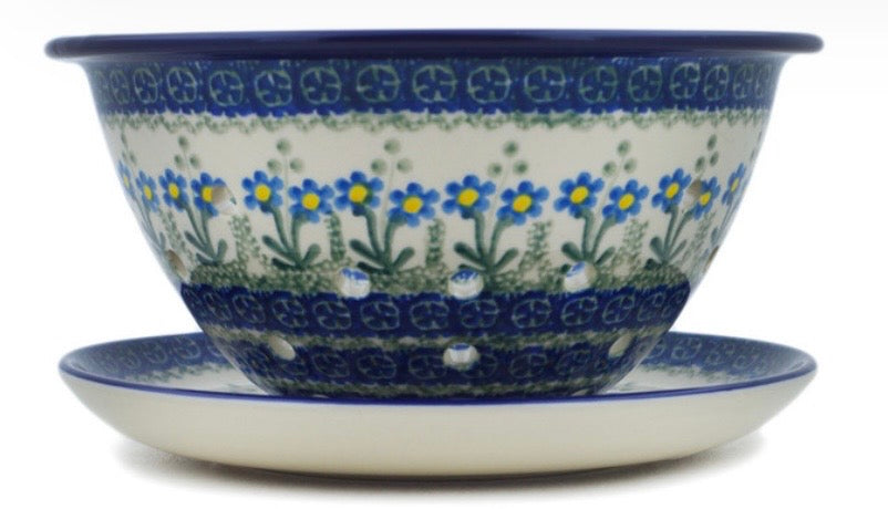 Ceramika Artystyczna, Blue Daisy Circle, Berry Bowl/Colanderl with Plate