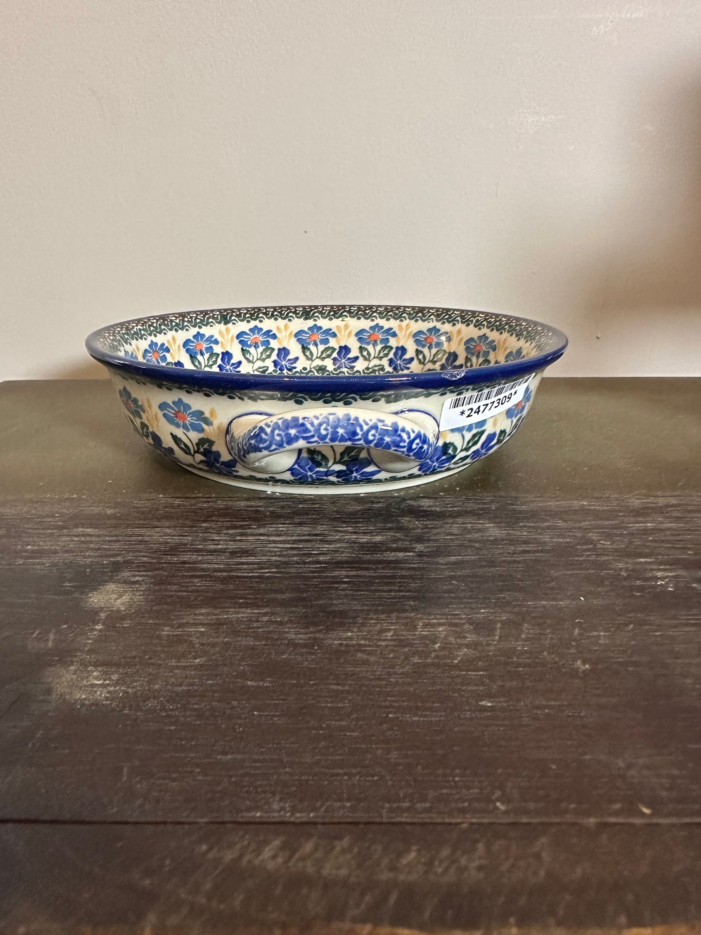 Ceramika Artystyczna, Blue Forget Me Nots, Medium Round Handled, Baker/Bowl