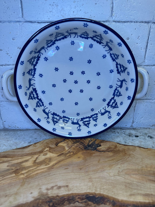 Ceramika Artystyczna Polish Pottery, Winter Deer, Medium Round Baker with Handles