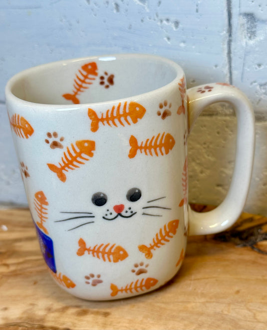 Moja Faktoria, Orange Square Kitty Face/Fish Scales Mug 10 oz