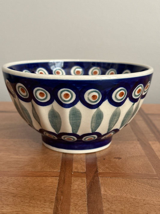Manufaktura Polish Pottery, Traditional Peacock Leaves, Preowned, Ribbed, Ice Cream Bowl