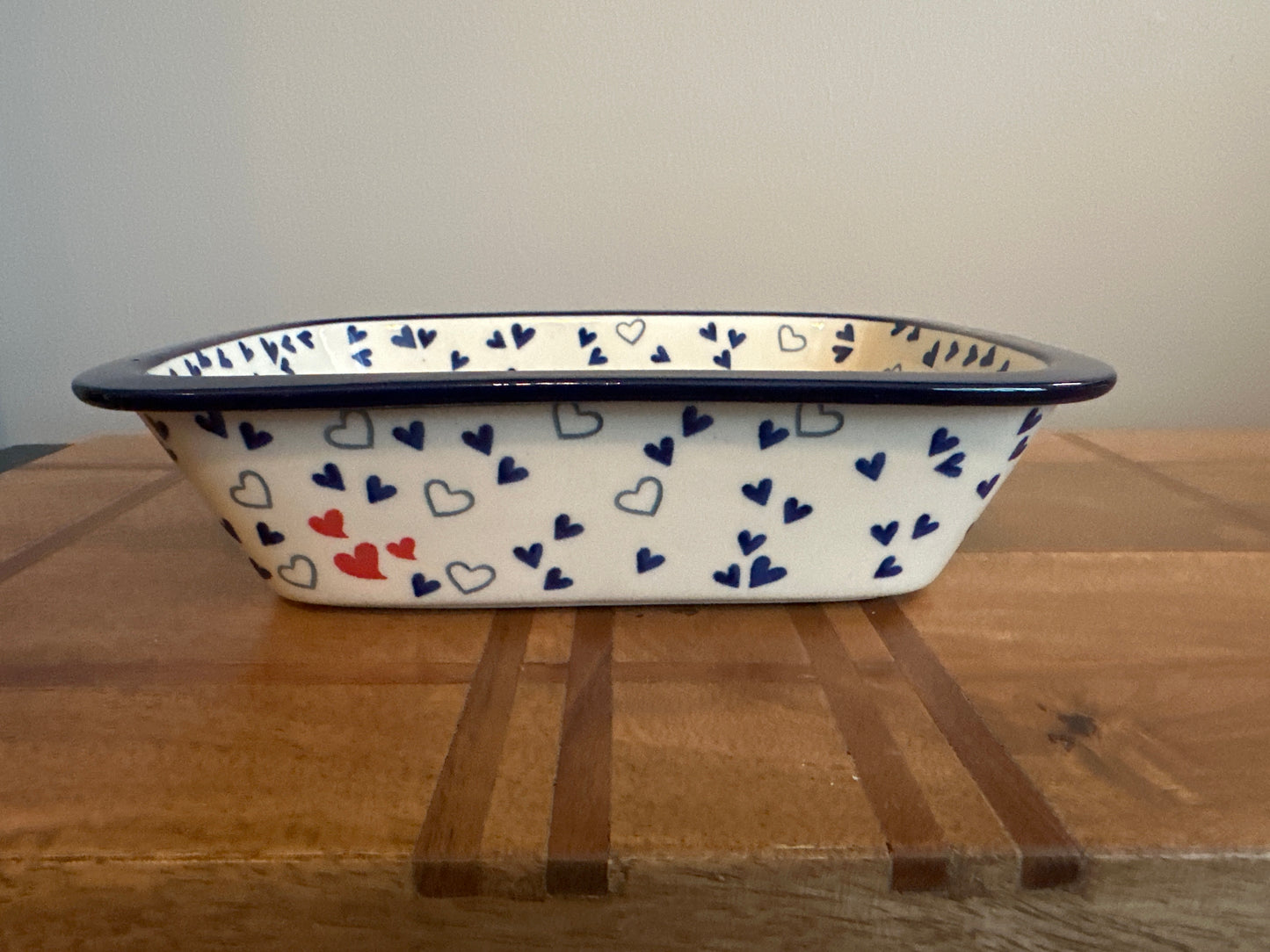 Ceramika Artystyczna Polish Pottery Blue with Red Heart Medium Rectangular Baker