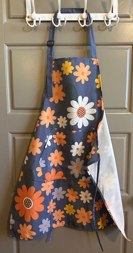 Oil-proof, Waterproof,  Gray Multicolor Flower Apron with Pocket