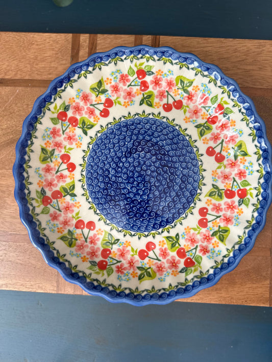 Kalich Polish Pottery, Unikat Art Level, Cherries & Blossoms, 10" Fluted Pie Baker/Server