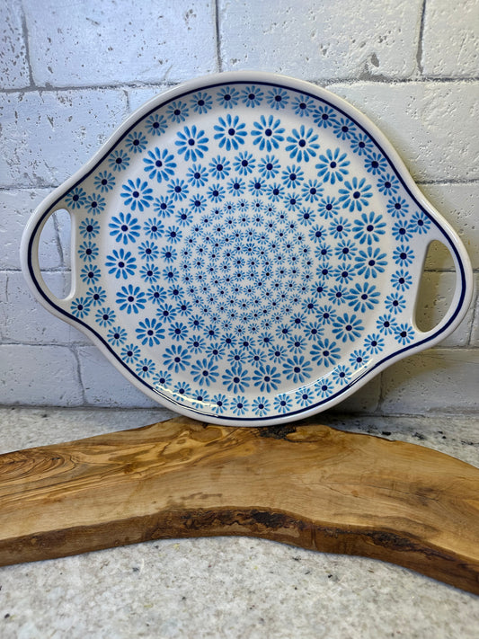 Zaklady Polish Pottery, Blue Daisy Delight, Baker/Serving Tray with Handles