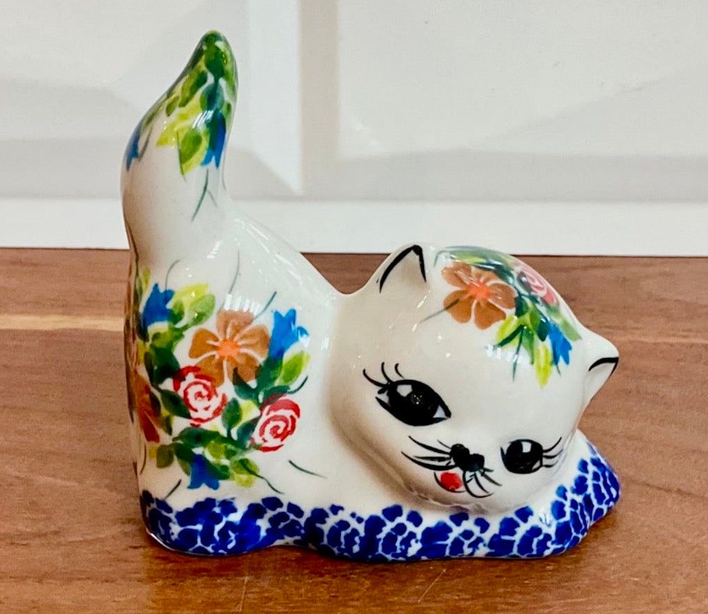 Kalich, Art Level, Orange, Blue and Brown Flower Cat Figurine