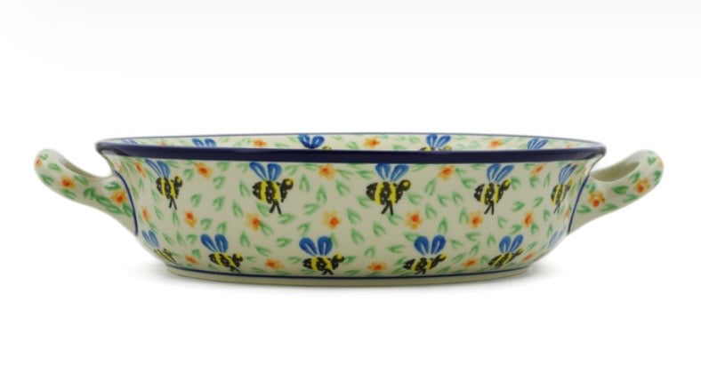 Ceramika Artystyczna, Honey Bee, Medium Round Baker with Handles