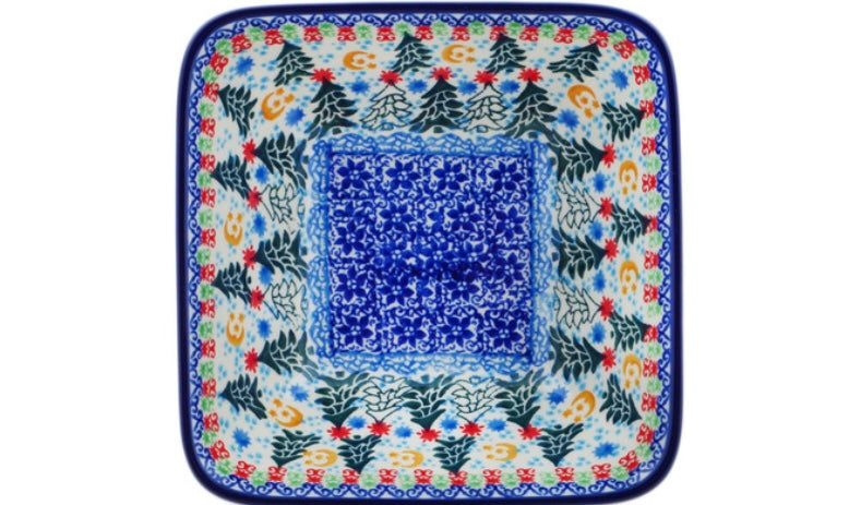 Ceramika Artystyczna Polish Pottery, Unikat U4, Glowing Christmas Trees, Square Bowl